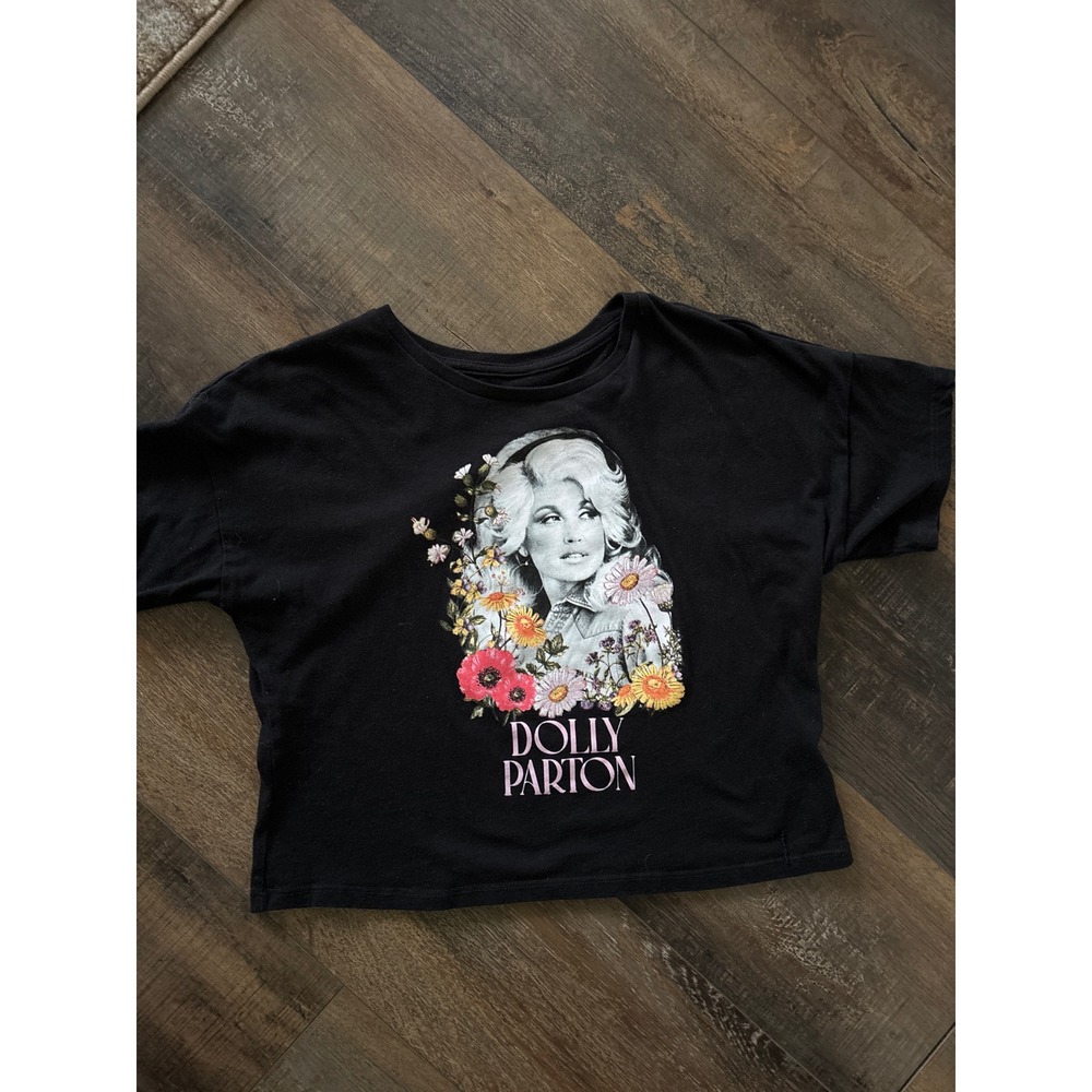 wonder nation Black Dolly Parton Graphic Tee with Floral Accents